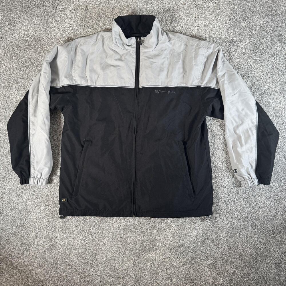 Champion Jacket Mens Medium Black Gray Colorblock Full Zip Windbreaker Athletic